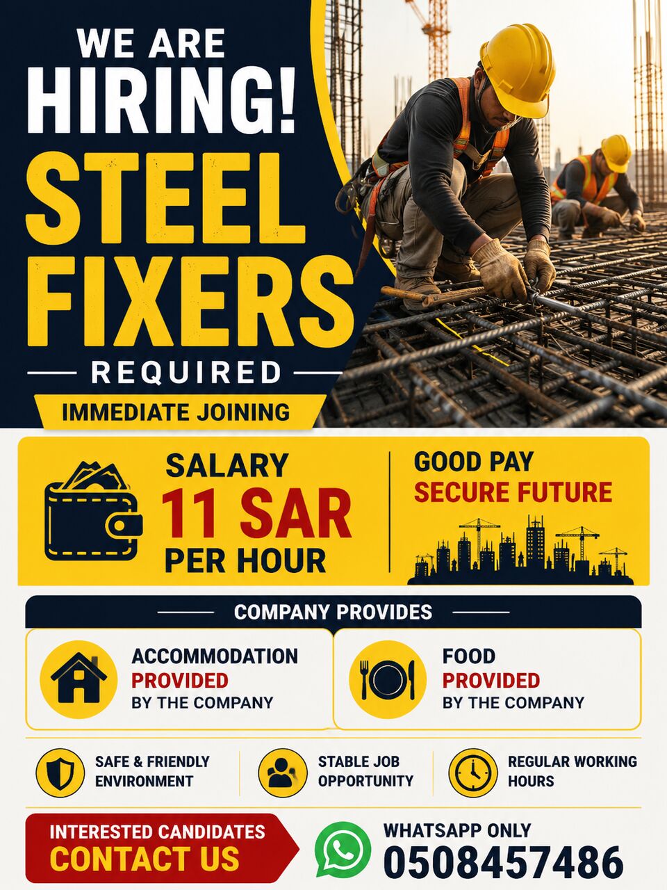 Dammam, Jobs, 50 Steel Fixers Required &ndash; 11 SAR Per Hour