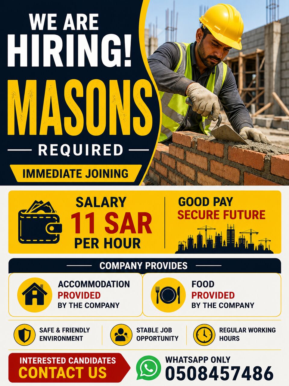 Dammam, Jobs, 50 Masons Required &ndash; 11 SAR Per Hour