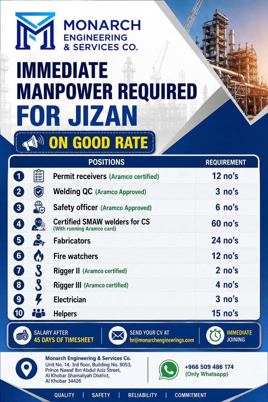Jubail, Jobs, IMMEDIATE MANPOWER REQUIRED FOR JIZAN