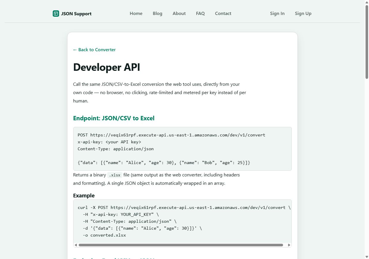 New York, Technical, JSON Support:  Free JSON/CSV To Excel Conversion, Plus A Dev API