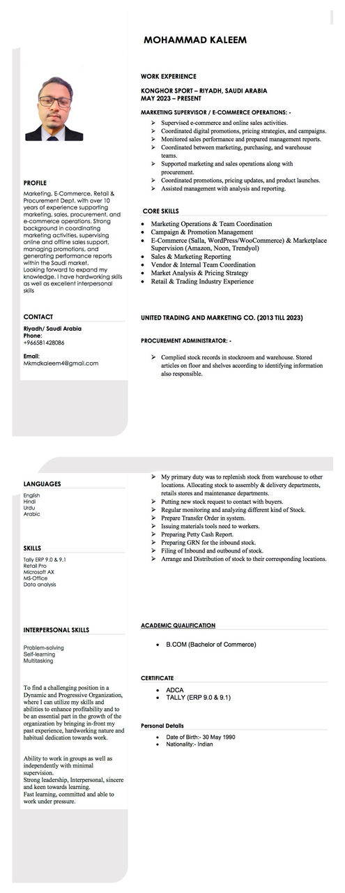 Riyadh, Job Seekers, Procurement (Mkmdkaleem4@gmail.com)
