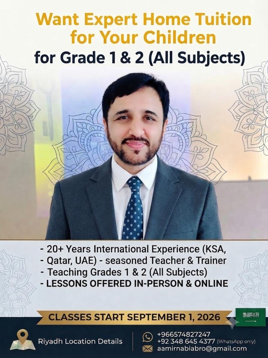 Riyadh, Lessons Offered, Expert Home Tuitions For Your Grade 1 & 2 Children