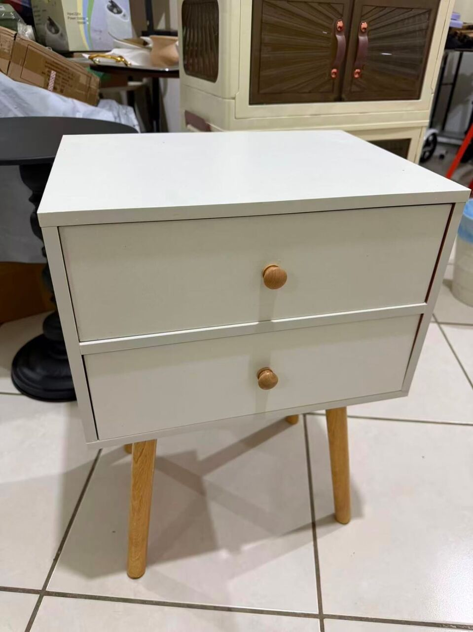 Riyadh, Furniture, SAR 80,  White Bed Side Table, Double Drawer, Wood