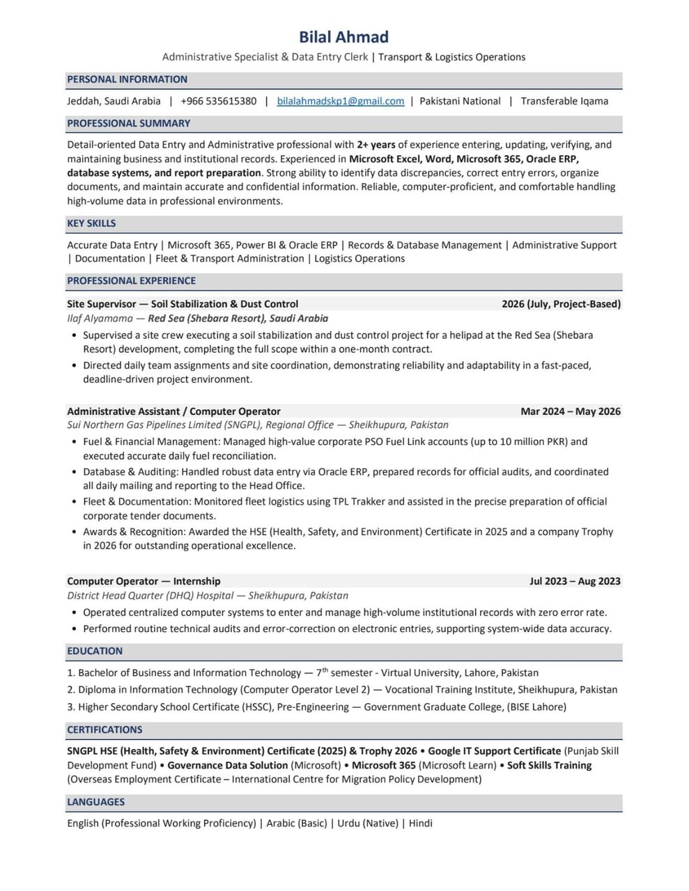 Jeddah, Job Seekers, Administrative Specialist | Computer Operator & Data Entry Clerk | Transport & Logistics