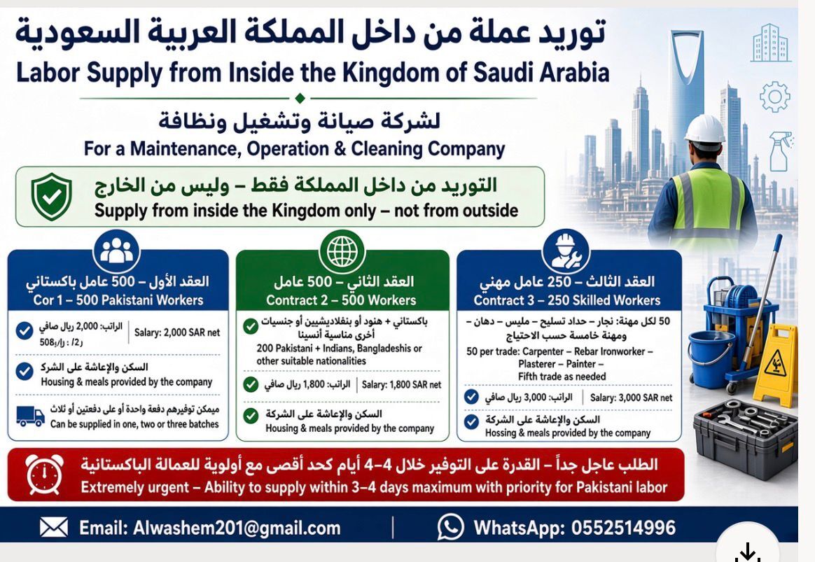 Riyadh, Jobs, Labor Supply For  Maintenance , Operation & Cleaning Company