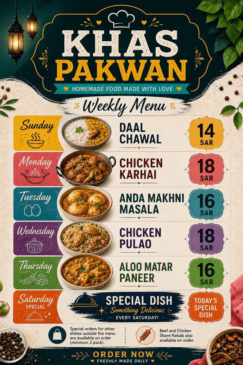 Khobar, Food, SAR 14,  Homemade Food - Weekly Menu - Daily Available