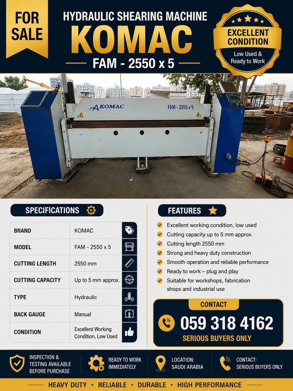 Al Nakheel, Machinery, SAR 65000,  Automatic Sheet Bender (Komac FAM 2550x5 & 2550x3).