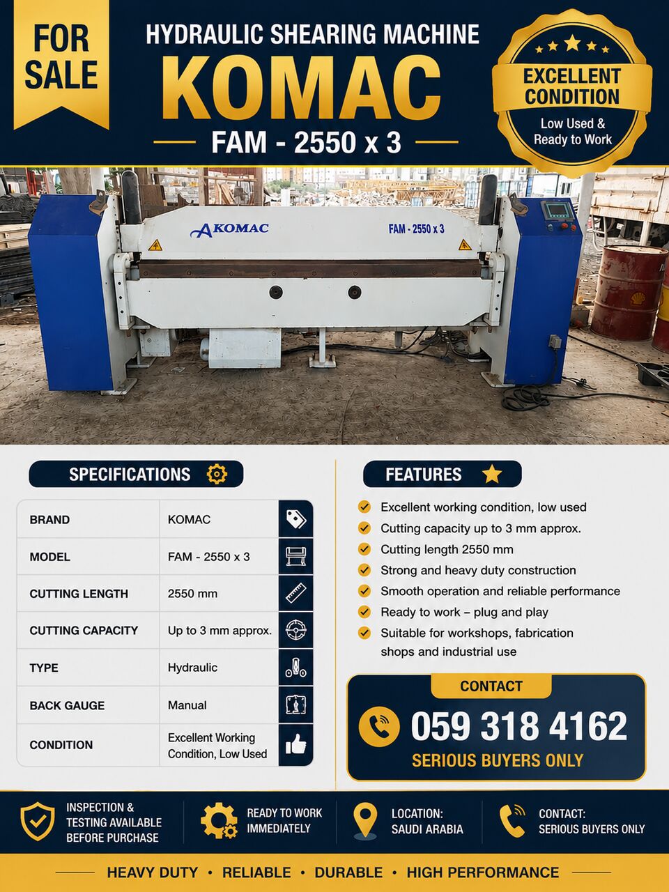 Al Nakheel, Machinery, SAR 65000,  Automatic Sheet Bender (Komac FAM 2550x5 & 2550x3).