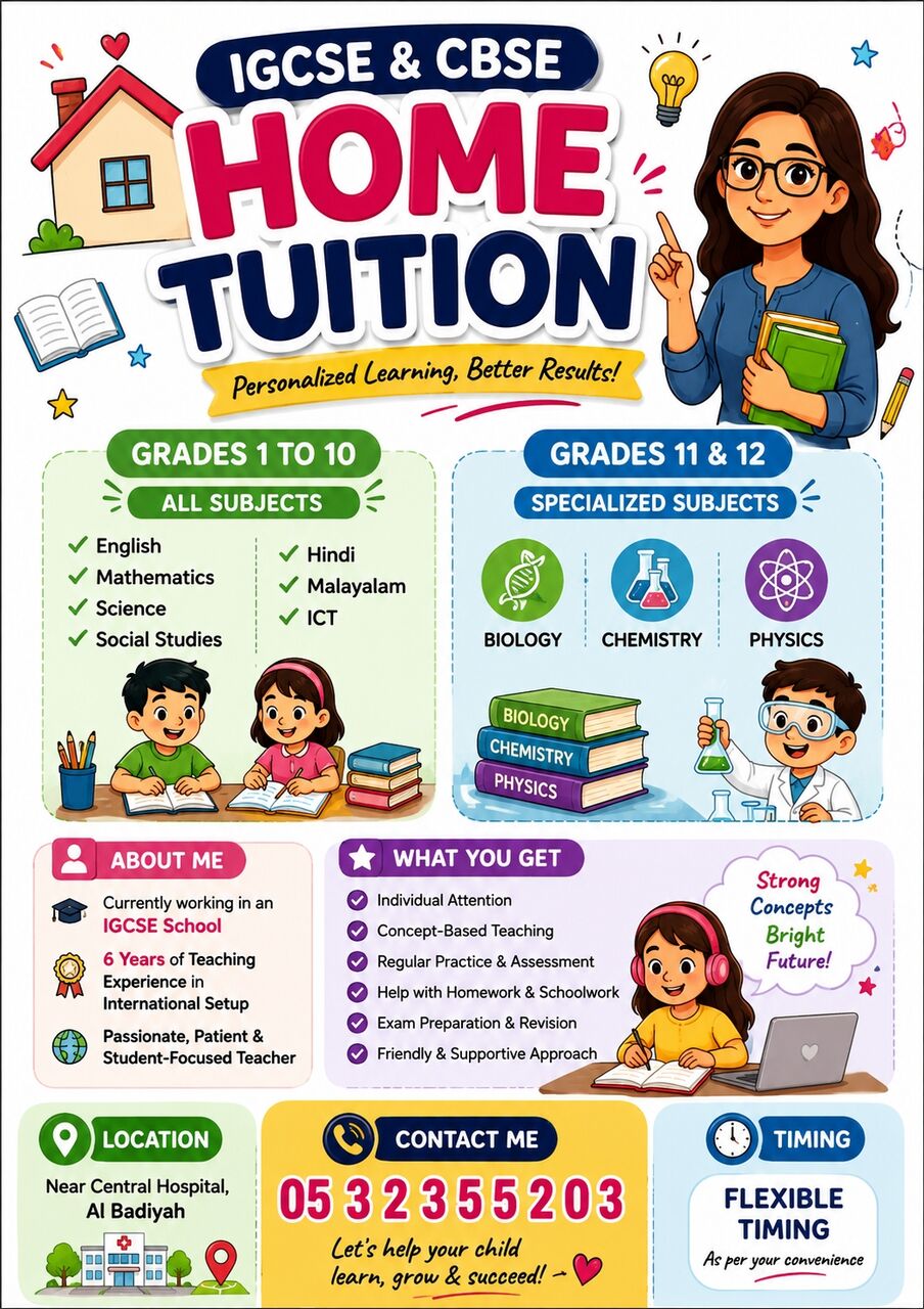 Dammam, Lessons Offered, Home Tution Available Near Central Hospital Dammam