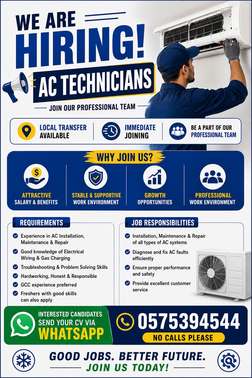Riyadh, Jobs, 📢 WE ARE HIRING – AC TECHNICIANS 🔧❄️