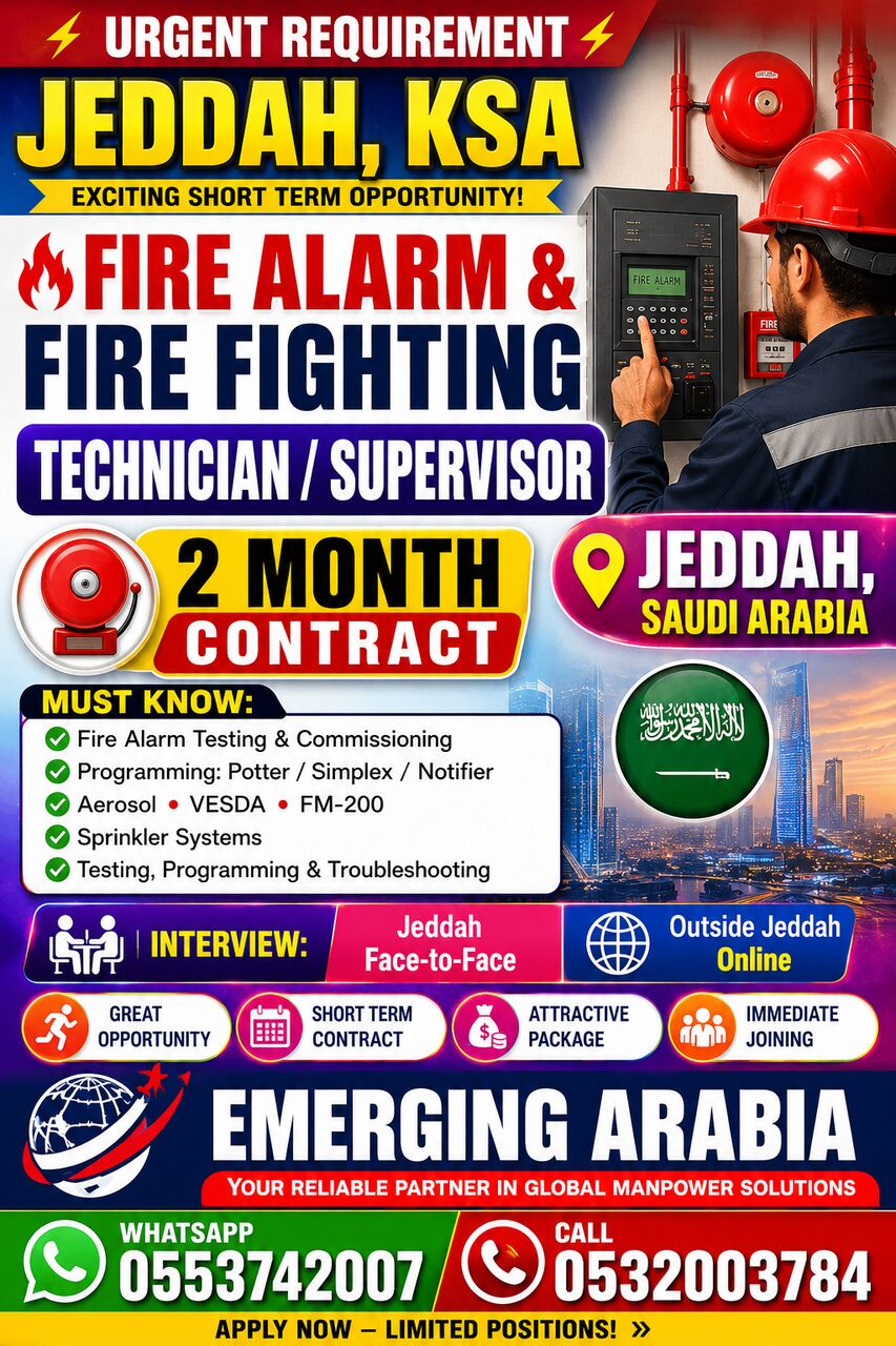 Jeddah, Jobs, URGENT HIRING &ndash; FIRE ALARM & FIRE FIGHTING TECHNICIAN / SUPERVISOR