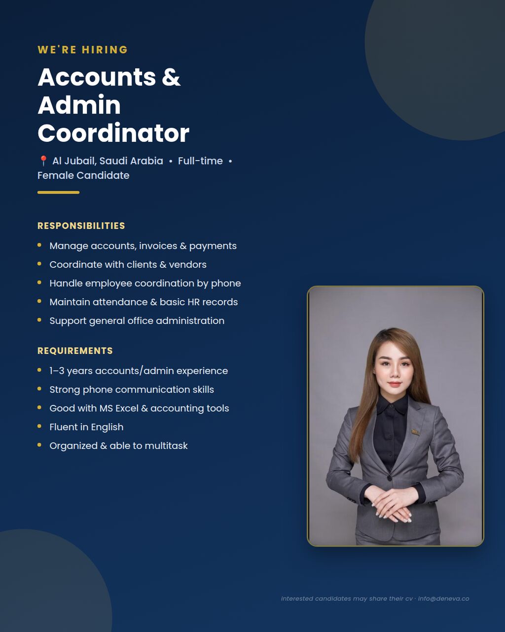 Jubail, Jobs, Accounts & Admin Coordinator (Female)