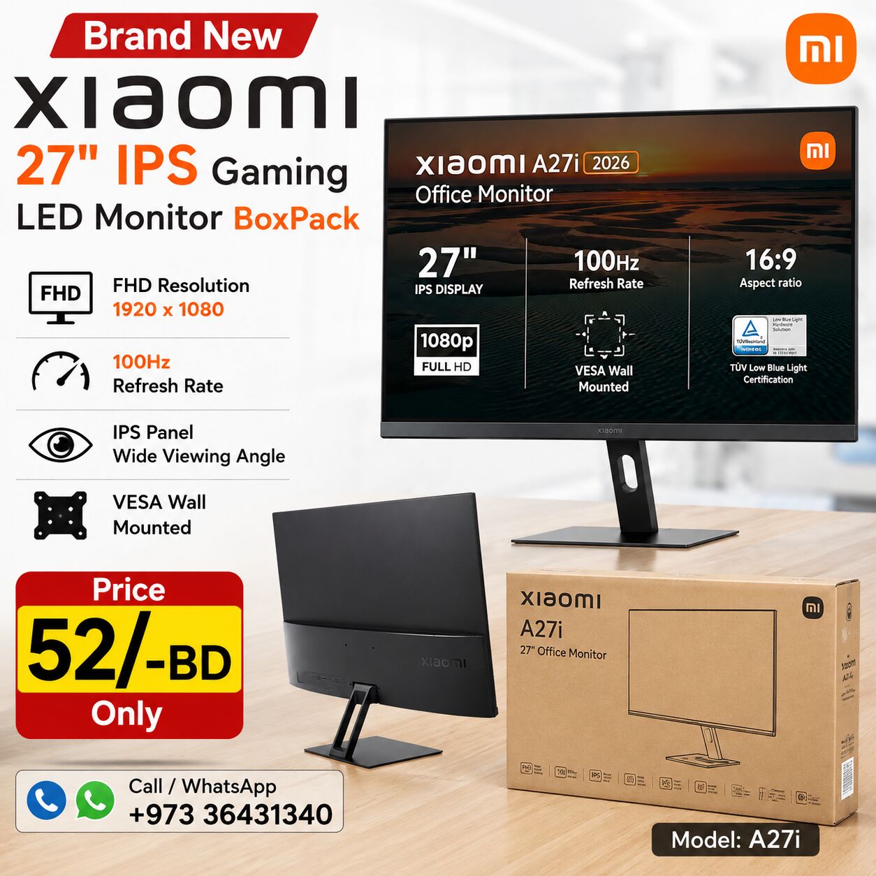 Isa Town, Computers, BHD 52,  Brand New Xiaomi 27" IPS Gaming LED 100Hz Monitor BoxPack (Price 52/-BD) WhatsApp 36431340