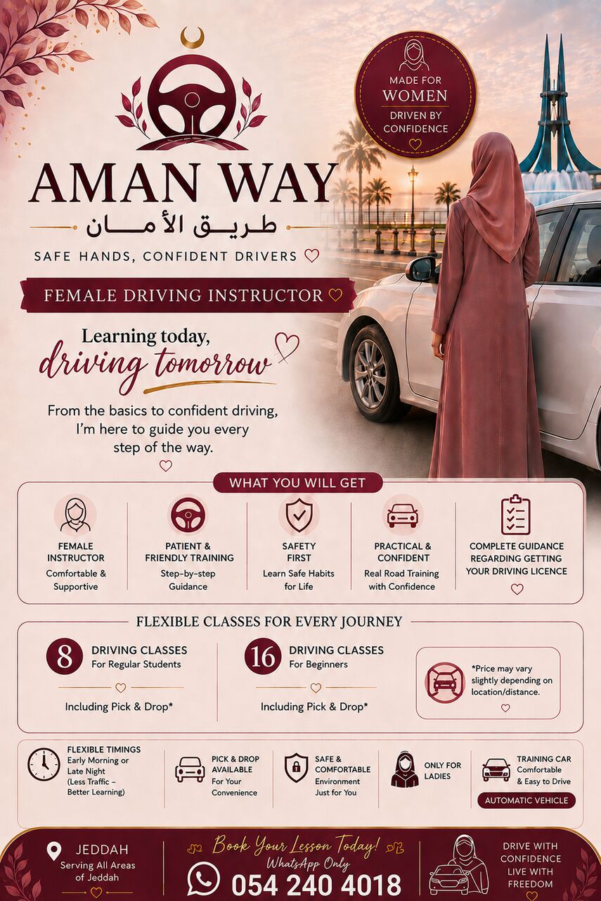 Jeddah, Lessons Offered, Female Driving Instructor ( Only For Females )
