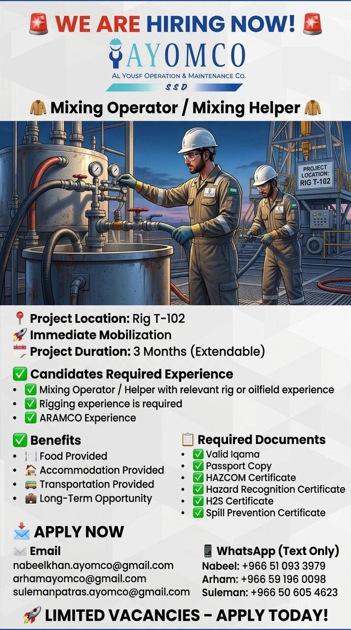 Riyadh, Jobs, URGENT REQUIRED MIXING OPERATOR AND MIXING HELPERS