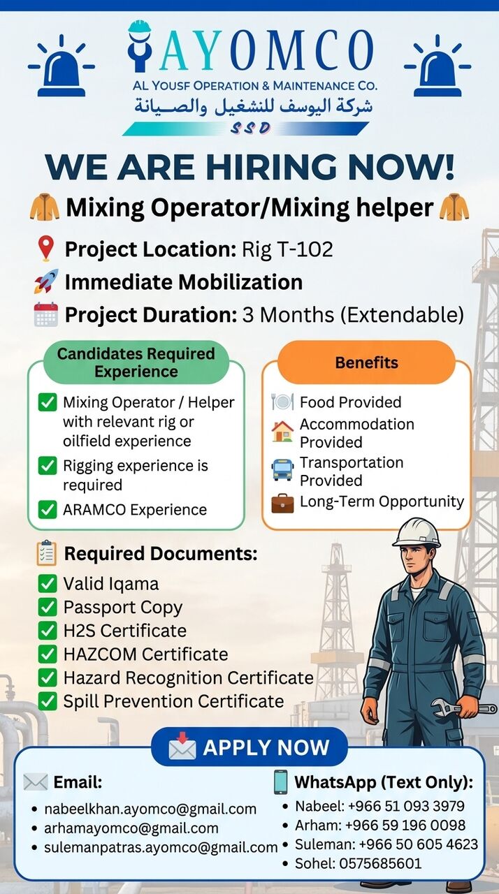 Riyadh, Jobs, URGENT REQUIRED MIXING OPERATOR / MIXING HELPERS
