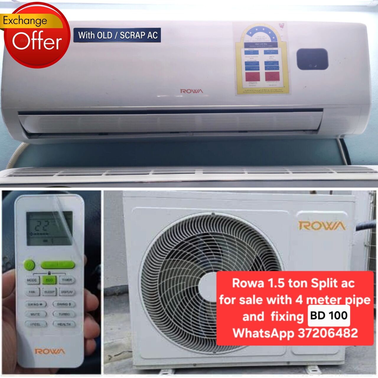 Manama, Air Conditioners, BHD 100,  ✅️ Rowa 1.5 Ton Split Ac For Sale In Good Condition With Fixing
