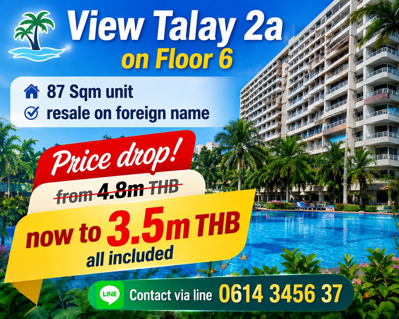 Bangkok, Real Estate For Sale, THB 3500000,  1 BR,  87 Sq. Meter,  Condo BARGAIN OF THE YEAR View Talay 2A