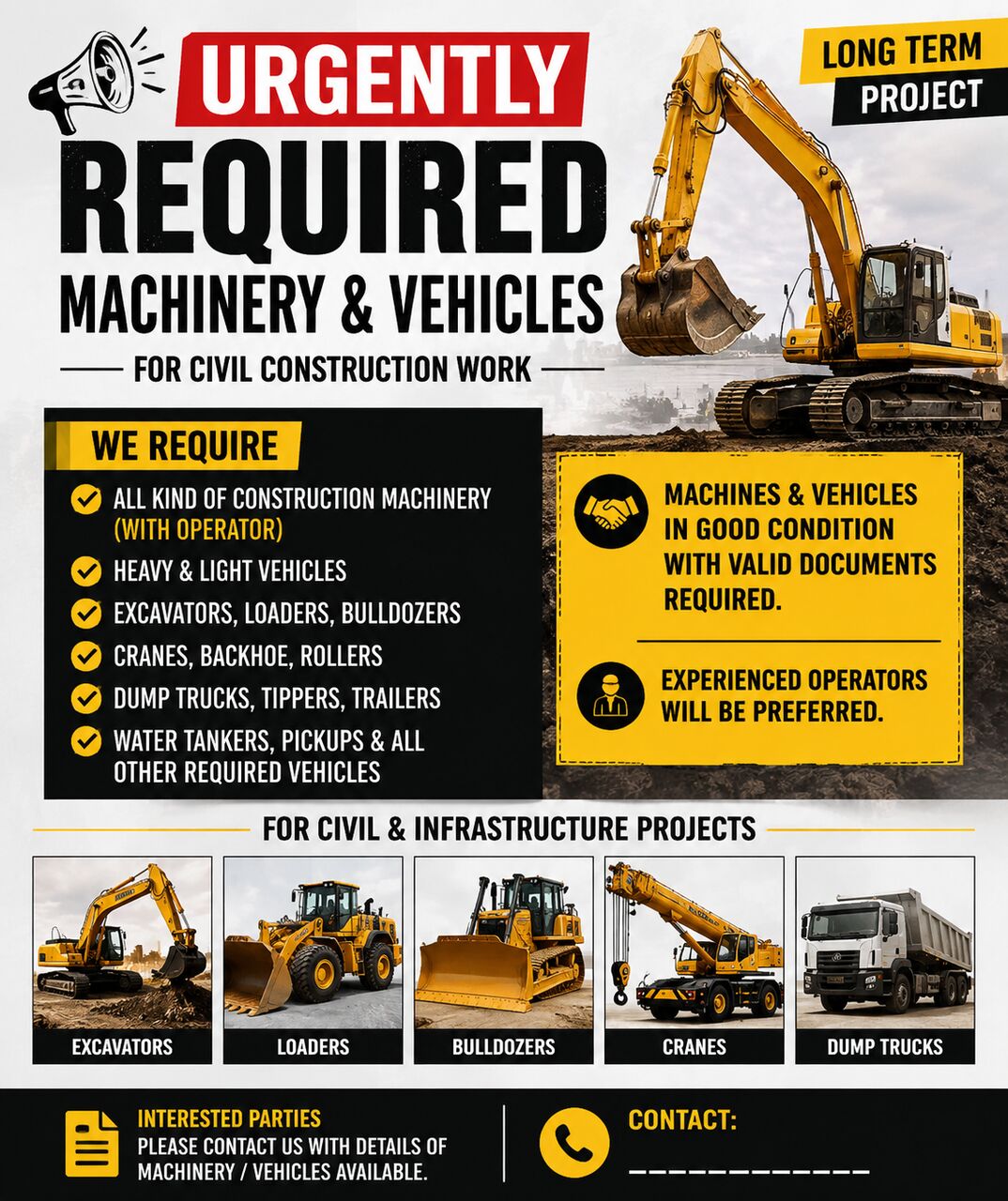 Yanbu, Jobs, 📢 URGENTLY REQUIRED – CIVIL MACHINERY, EQUIPMENT & VEHICLES  We Are Urgently Looking For