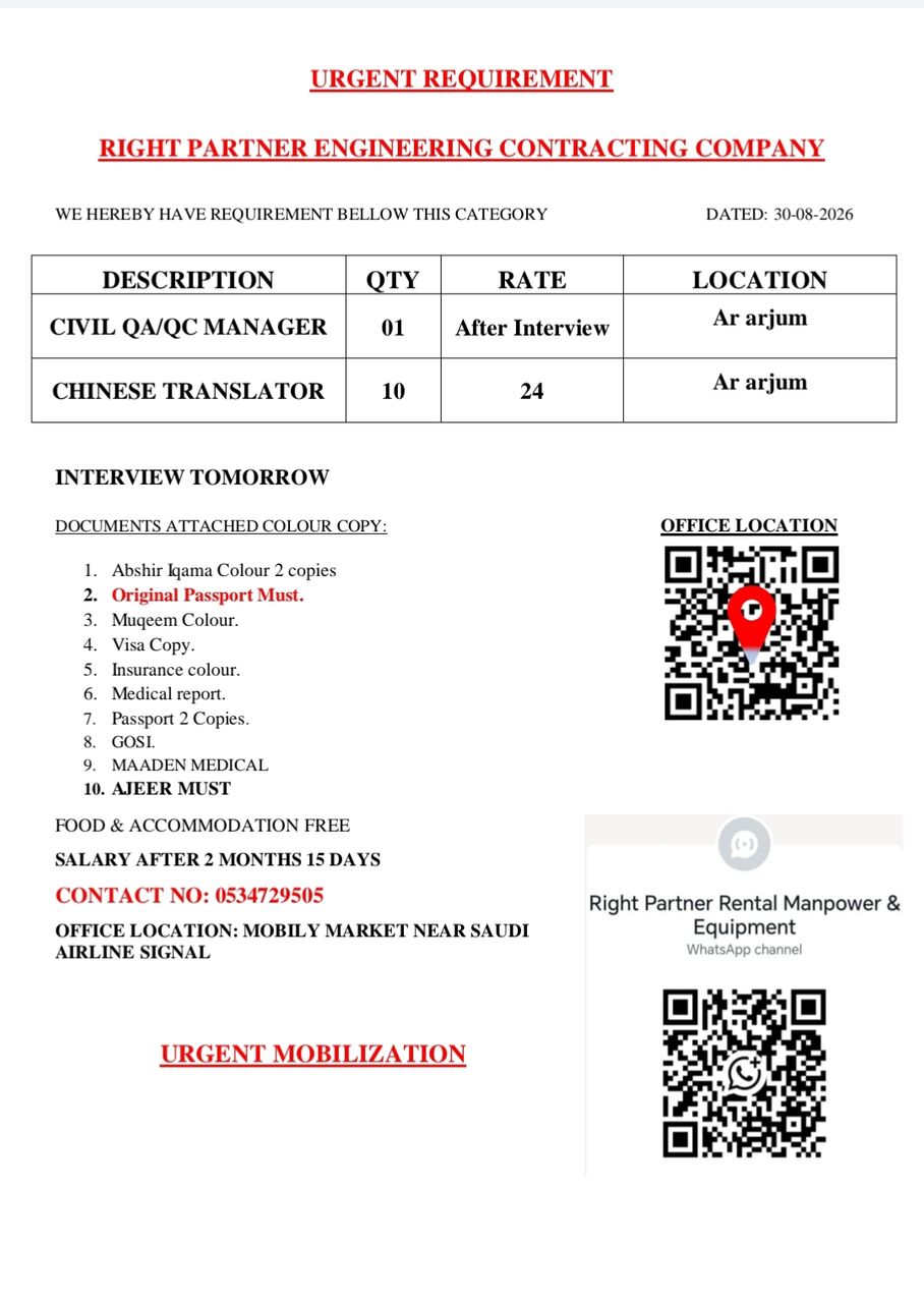 Riyadh, Jobs, QA/QC Manager And Chinese Translator