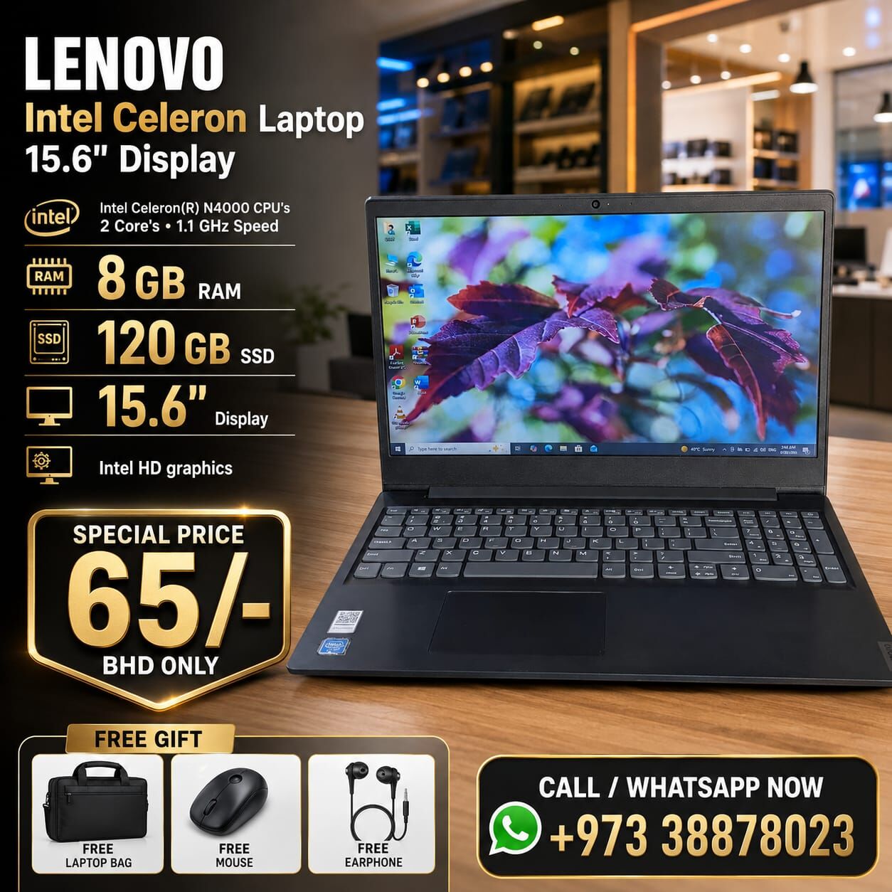 Manama, Tablet Computers, BHD 65,  Lenovo Intel Celeron Laptop 8GB RAM 120GB SSD 15.6" Display Win & Office Ready To Use