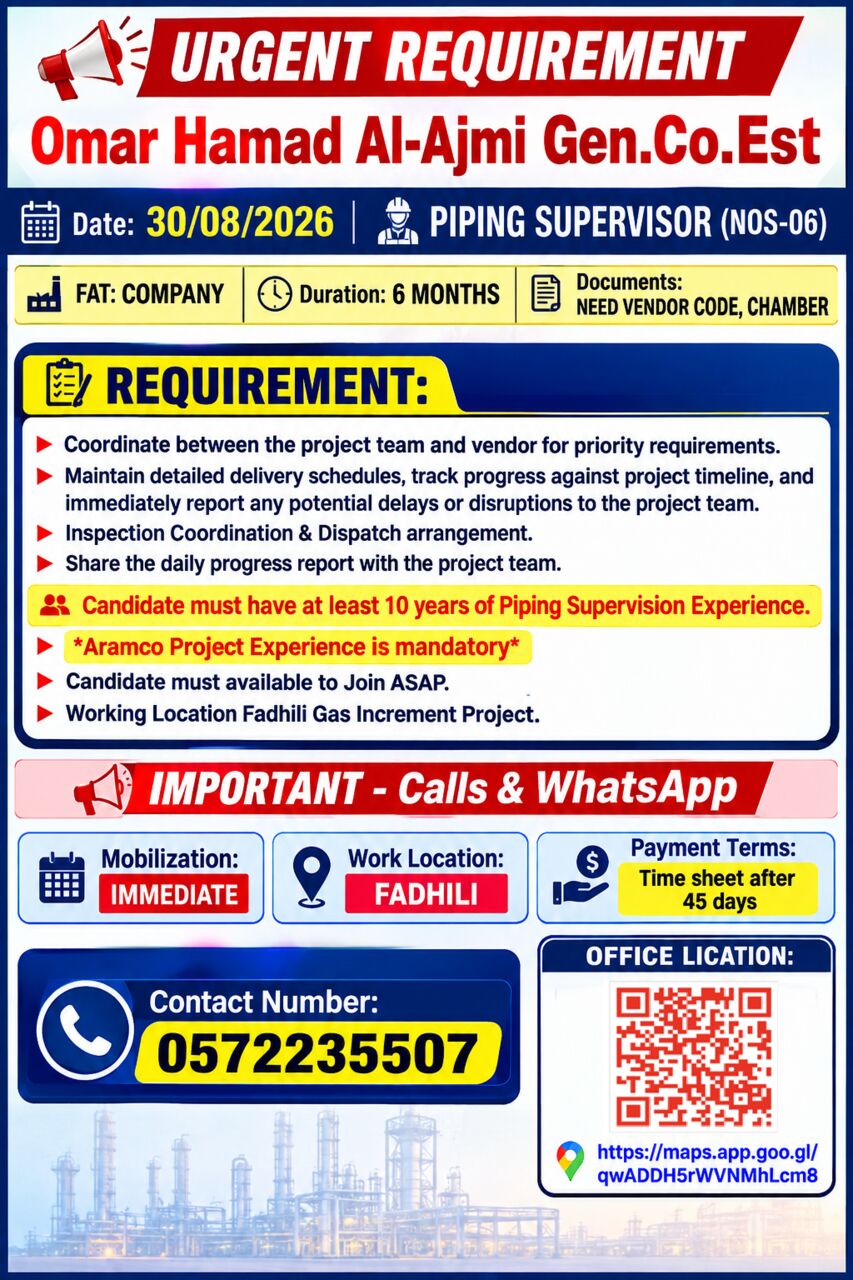 Jubail, Jobs, PIPING SUPERVISOR ARAMCO CERTIFIED