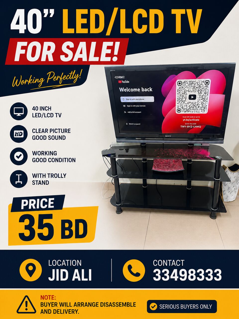 Jid Ali, Electronics, BHD 35,  40&rdquo; SONY LCD TV FOR SALE WITH STAND &ndash; ONLY BD 35