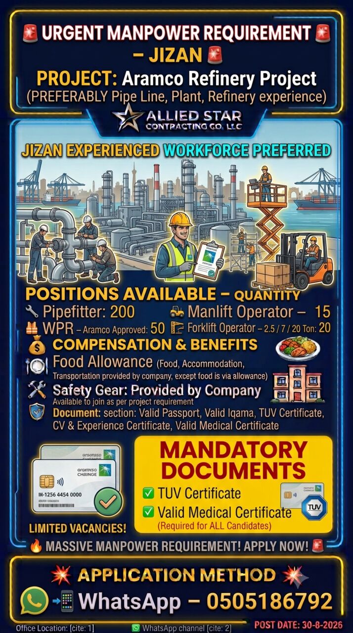 Jizan, Jobs, 🚨 URGENT MULTIPLE REQUIREMENT – JIZAN 🚨
