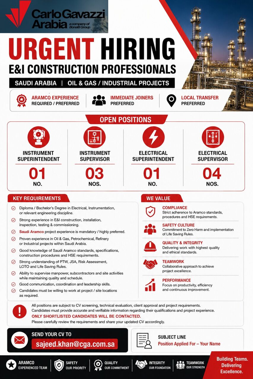 Riyadh, Jobs, ARAMCO & OIL & GAS EXPERIENCED | LOCAL TRANSFER | IMMEDIATE JOINERS PREFERRED