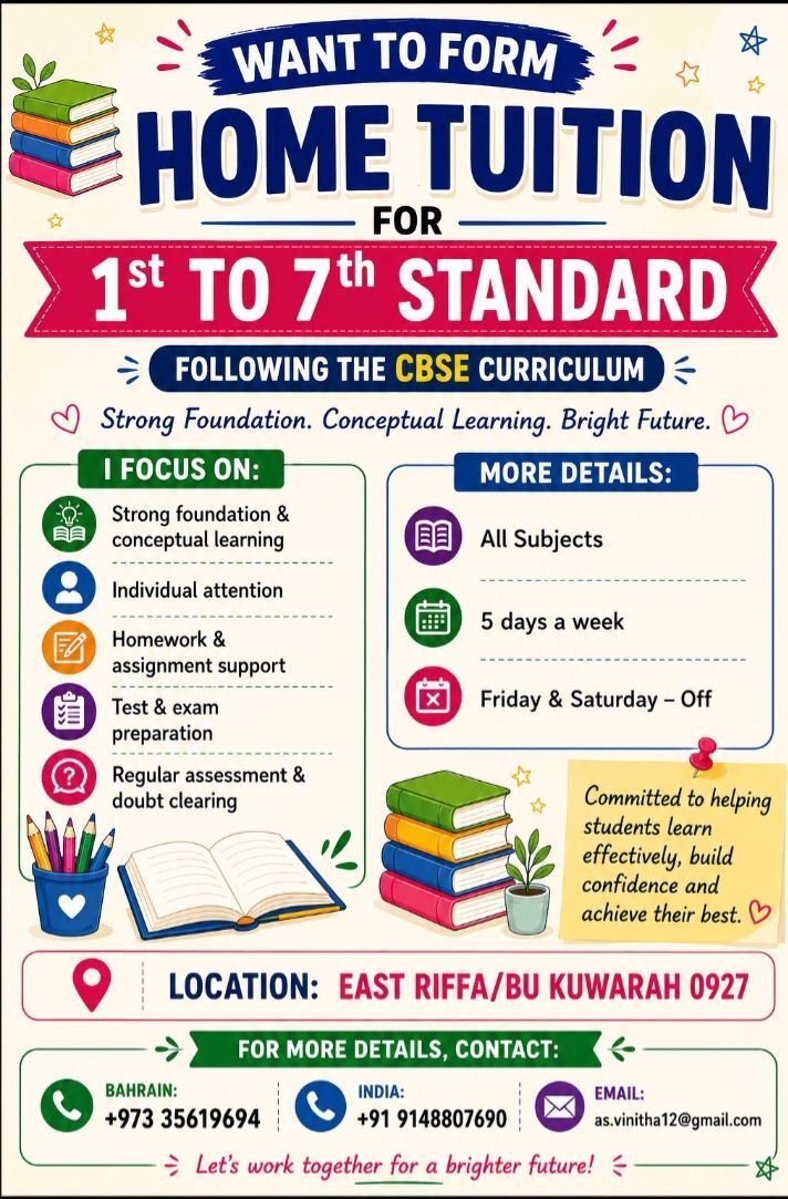 East Riffa, Lessons Offered, Home Tuition For  Classes 1 To 7 - CBSE Curriculum