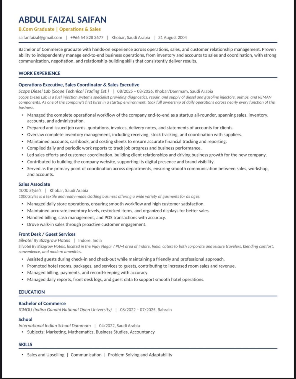 Khobar, Job Seekers, Hands On Experience In Operation & Sales