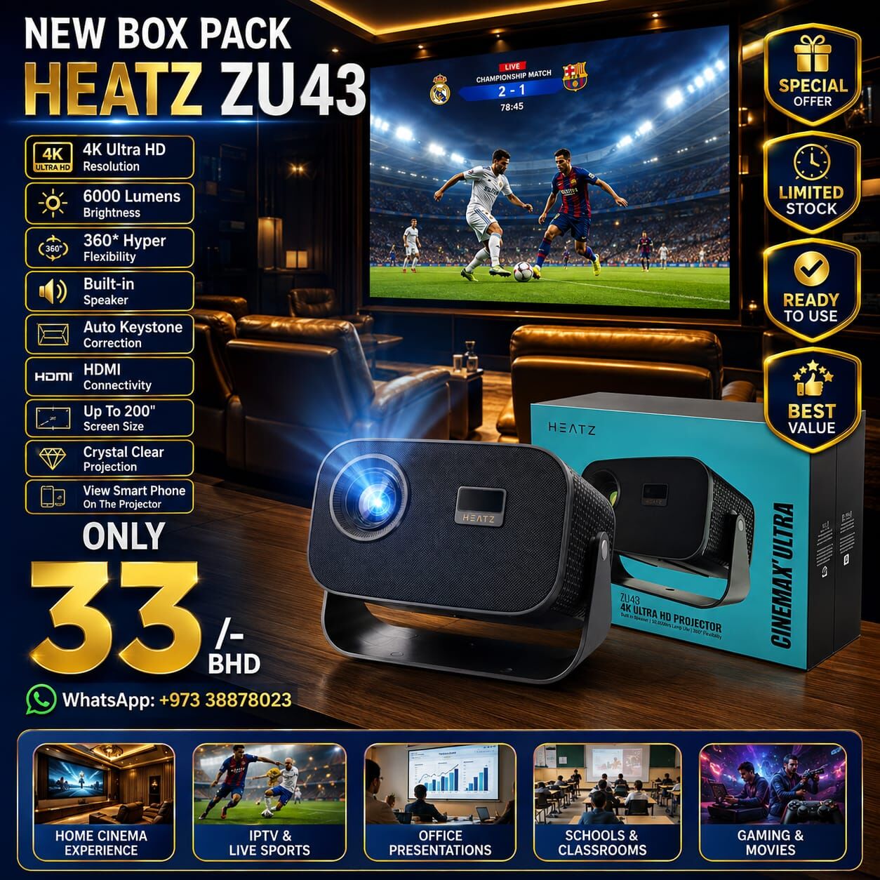 Manama, Tablet Computers, BHD 33,  New BoxPack 4K UHD Android Projector Bring The Big Screen At Home YouTube,Smart Phone View