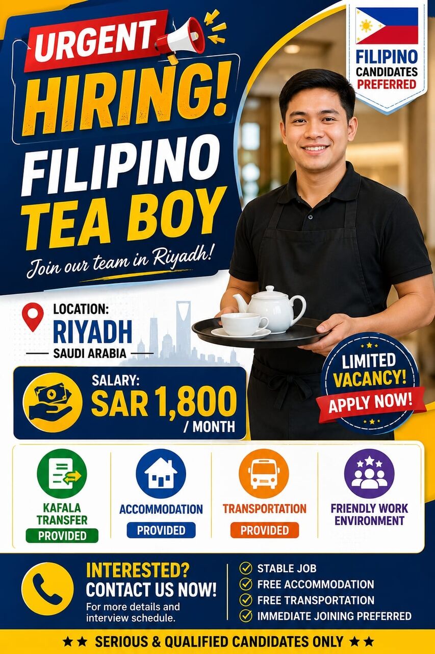 Riyadh, Jobs, 🚨 URGENT HIRING – FILIPINO TEA BOY 🇵🇭☕