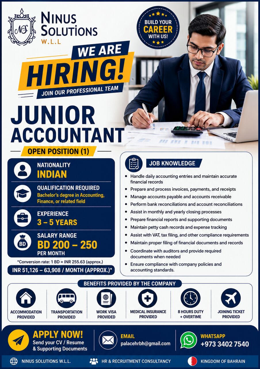 Manama, Jobs, JUNIOR ACCOUNTANT VACANCY- URGENT