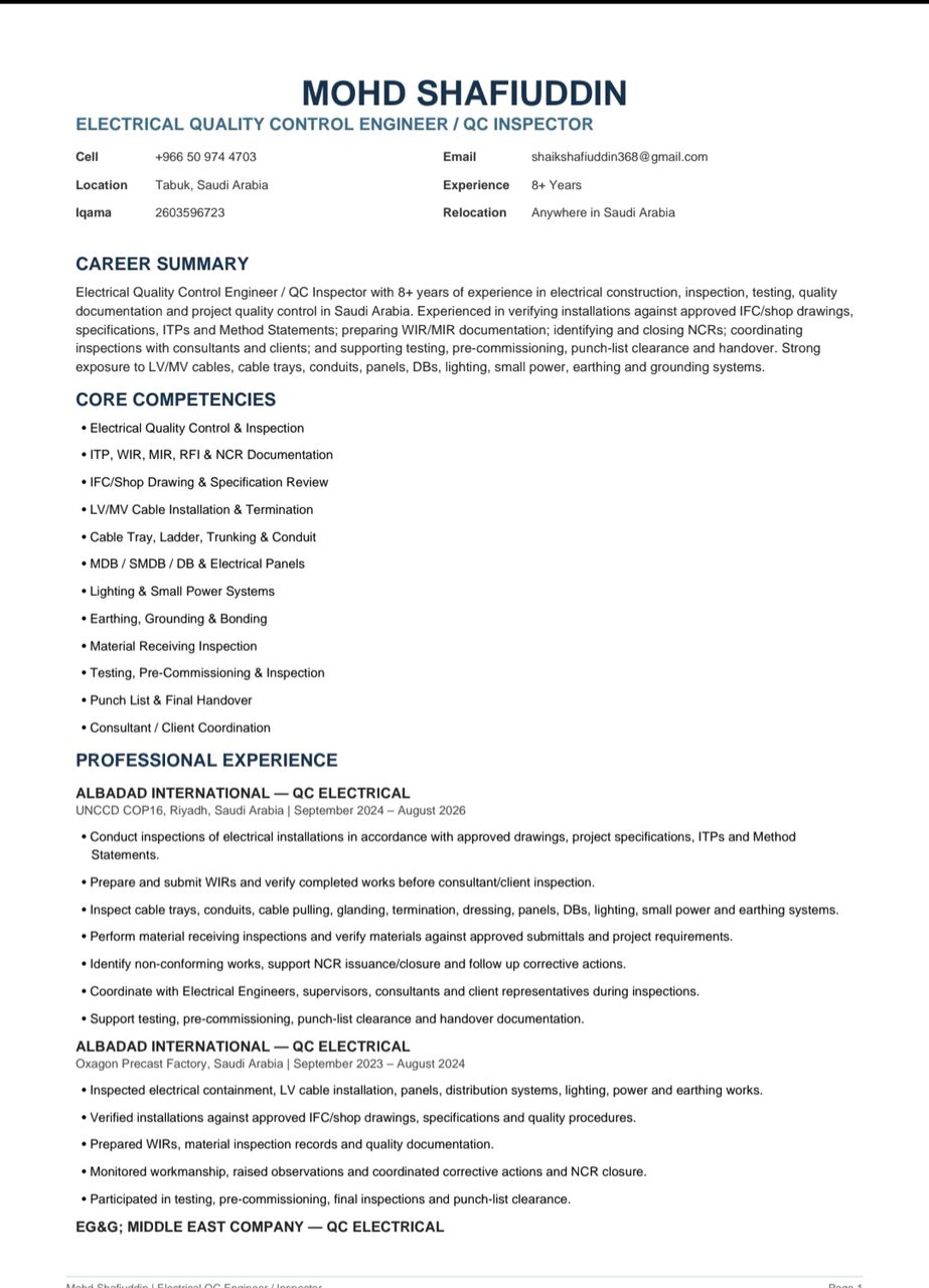 Riyadh, Job Seekers, ELECTRICAL QC