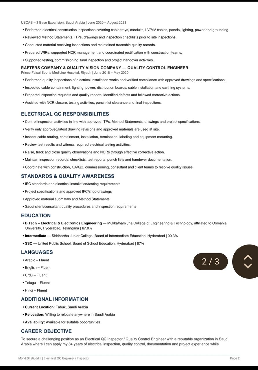 Riyadh, Job Seekers, ELECTRICAL QC