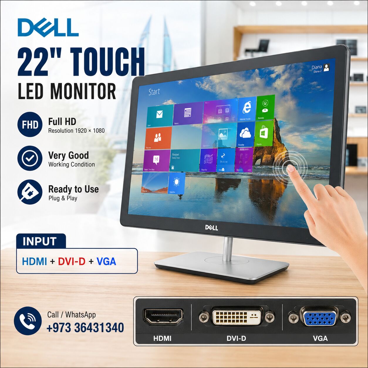 Isa Town, Computers, BHD 52,  DELL Touch HDMI Monitor 22" Full HD IPS Very Good Working Plug & Play WhatsApp 36431340