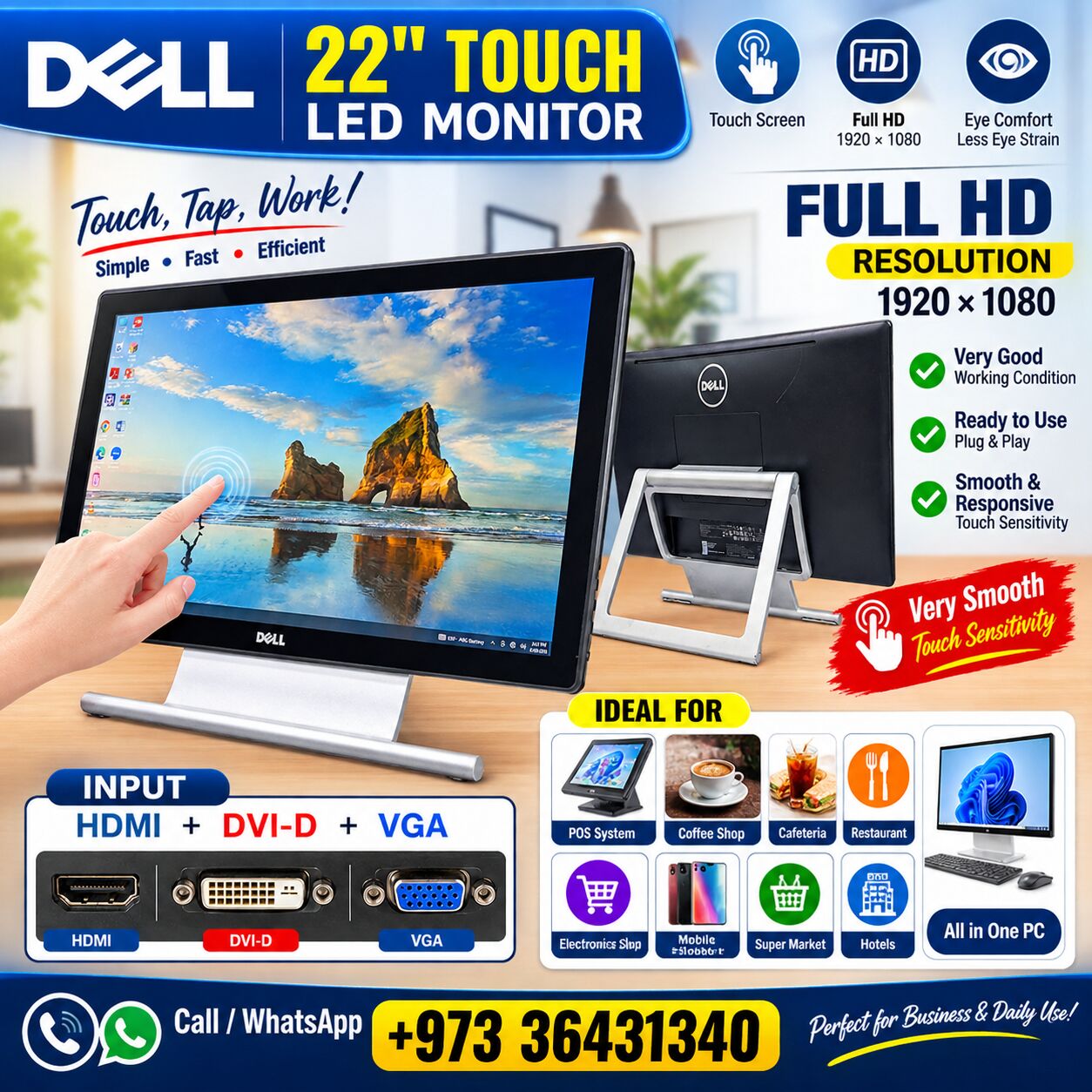 Manama, Electronics, BHD 52,  DELL Touch HDMI Monitor 22" Full HD IPS Very Good Working Plug & Play WhatsApp 36431340