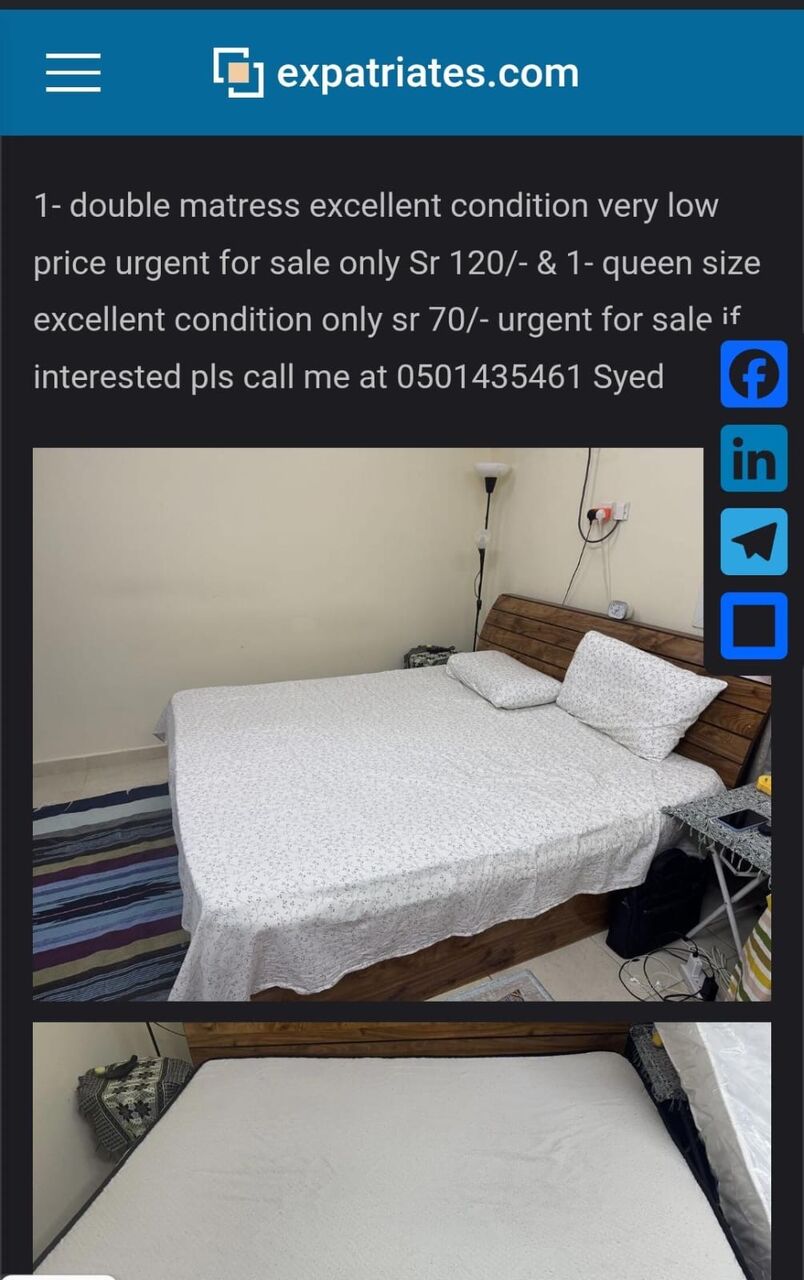 Jeddah, Household Items, SAR 70,  1 Double Bed Mattress In Excellent Condition Neat & Clean Very Low Price Only Sr 120/-