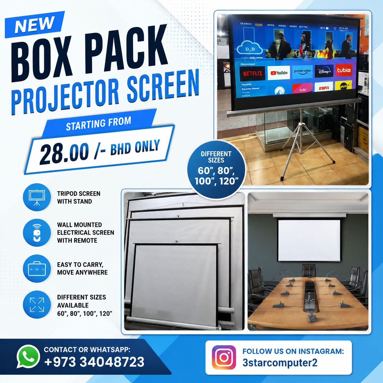 Manama, Electronics, BHD 28,  New Projector Screen Box Pack 60",100",120" Tripod Stand/Wall Mounted Electric With Remote