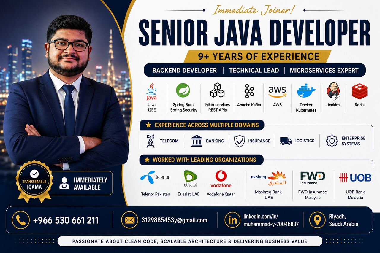 Riyadh, Job Seekers, Senior Java Developer | Backend Developer | Spring Boot | Microservices | 9+ Years