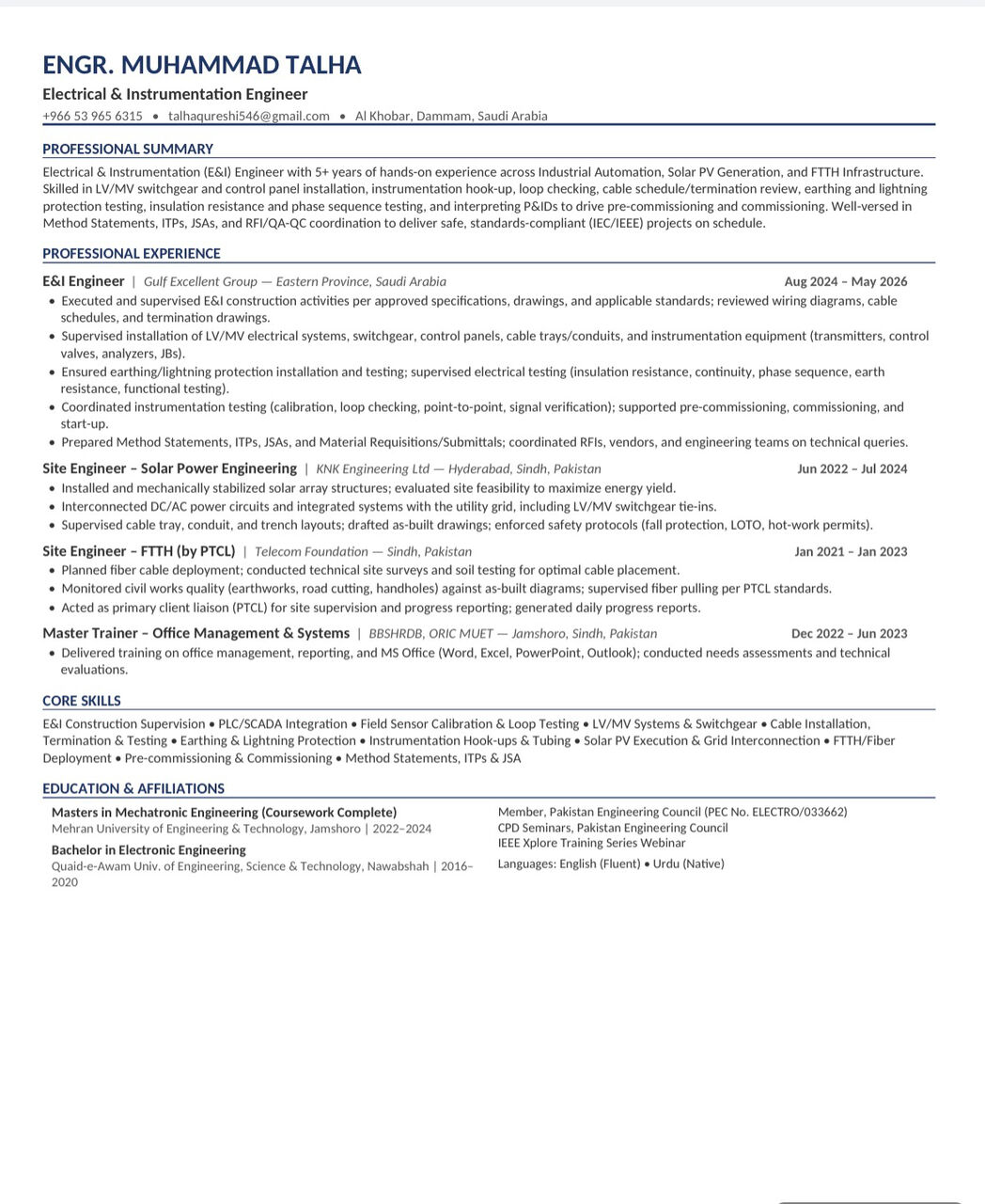 Dammam, Job Seekers, Electrical Electronic Engineer/ Instrumentation & Control Engineer/ E&I Engineer