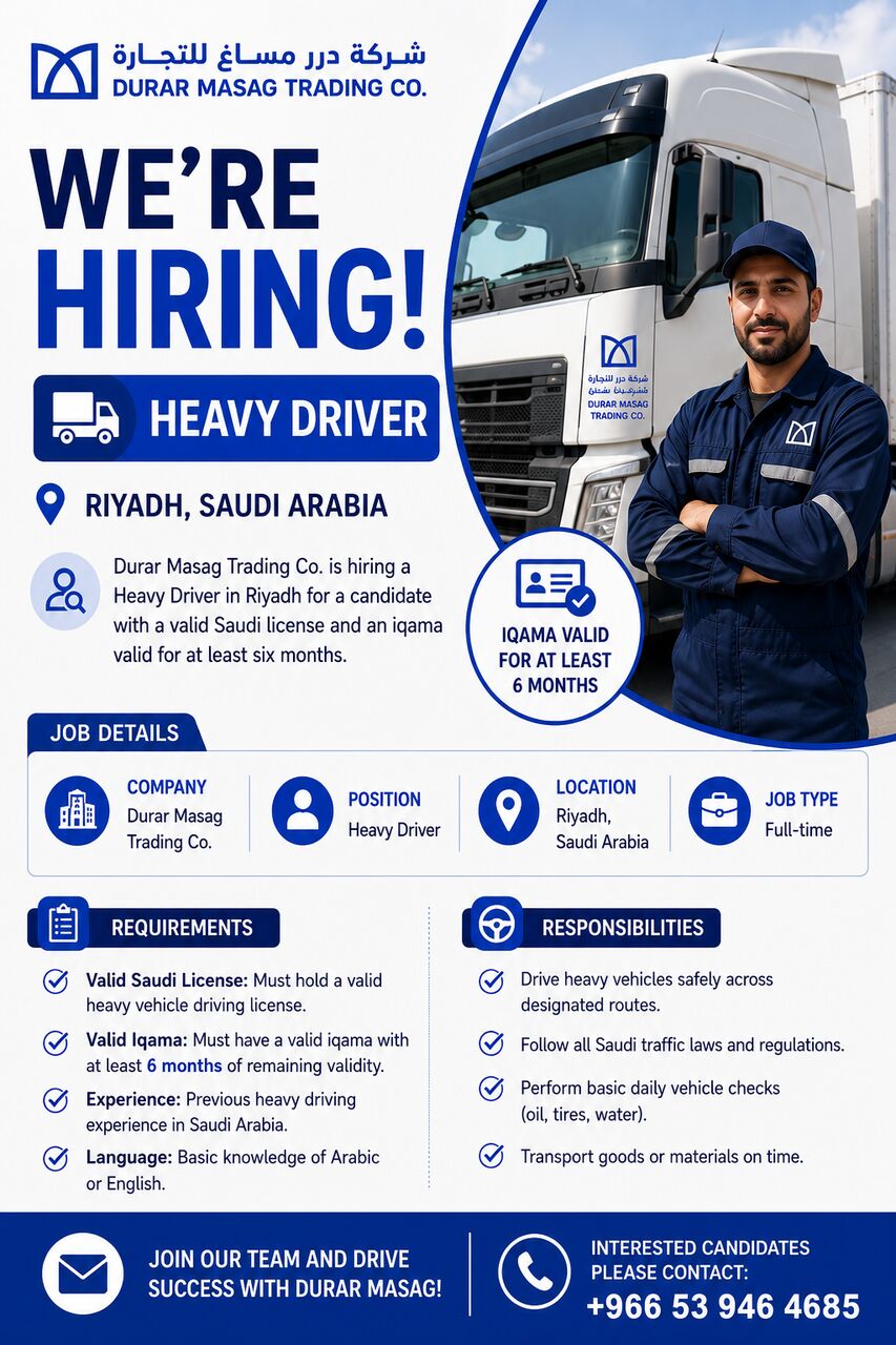 Riyadh, Jobs, Heavy Driver Position Available In Riyadh For A Candidate With A Valid Saudi License And A