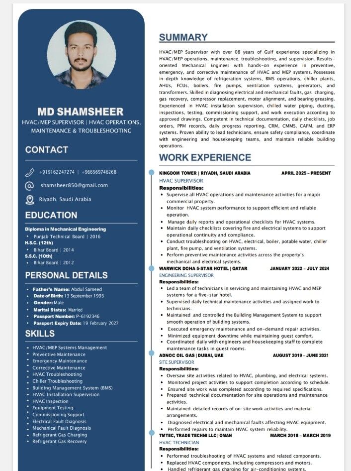Riyadh, Jobs, HVAC Technician And Mep Supervisor