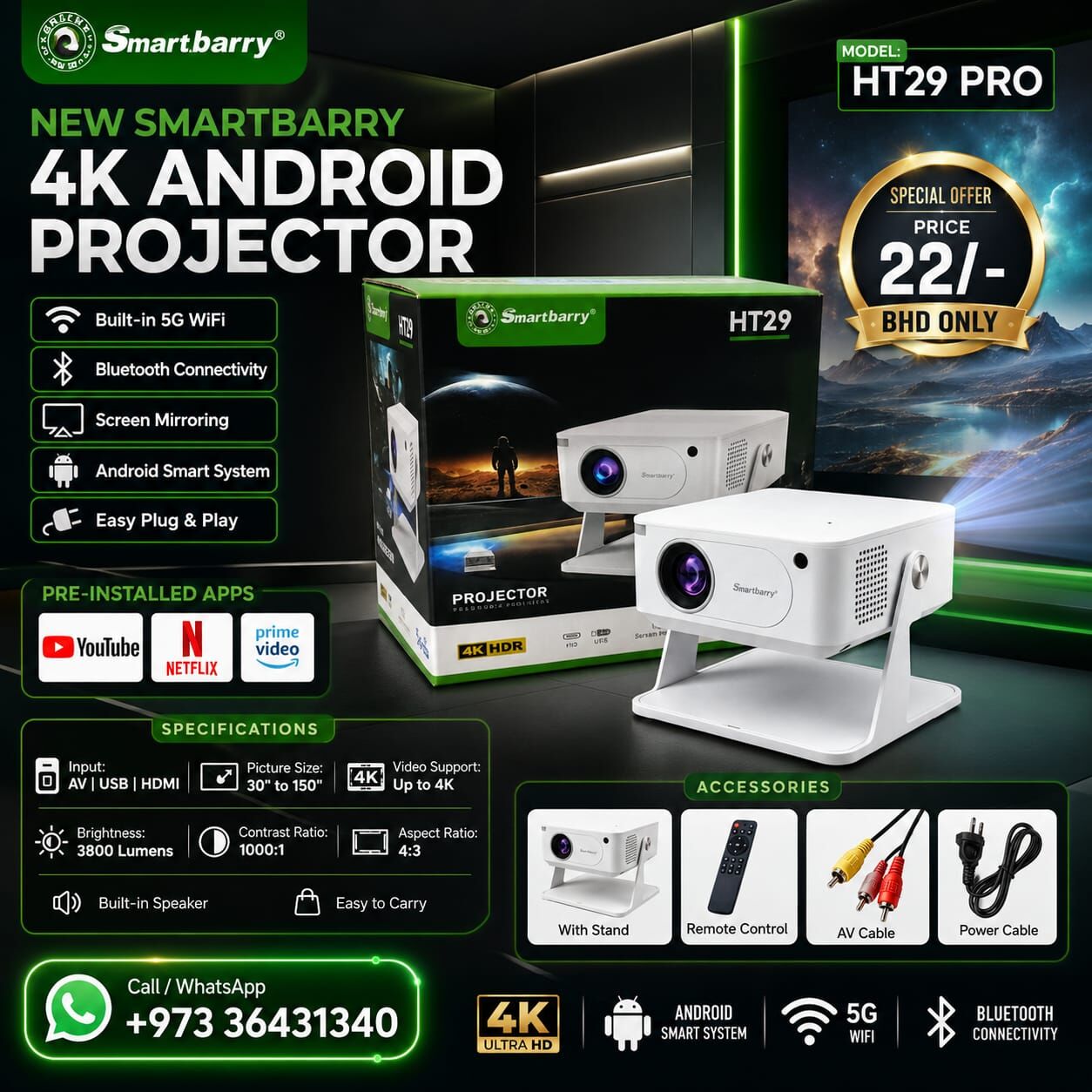 Isa Town, Computers, BHD 20,  Brand New Smart Android 4K Projector YouTube & Mobile Screen Sharing (Ready Plug & Play)