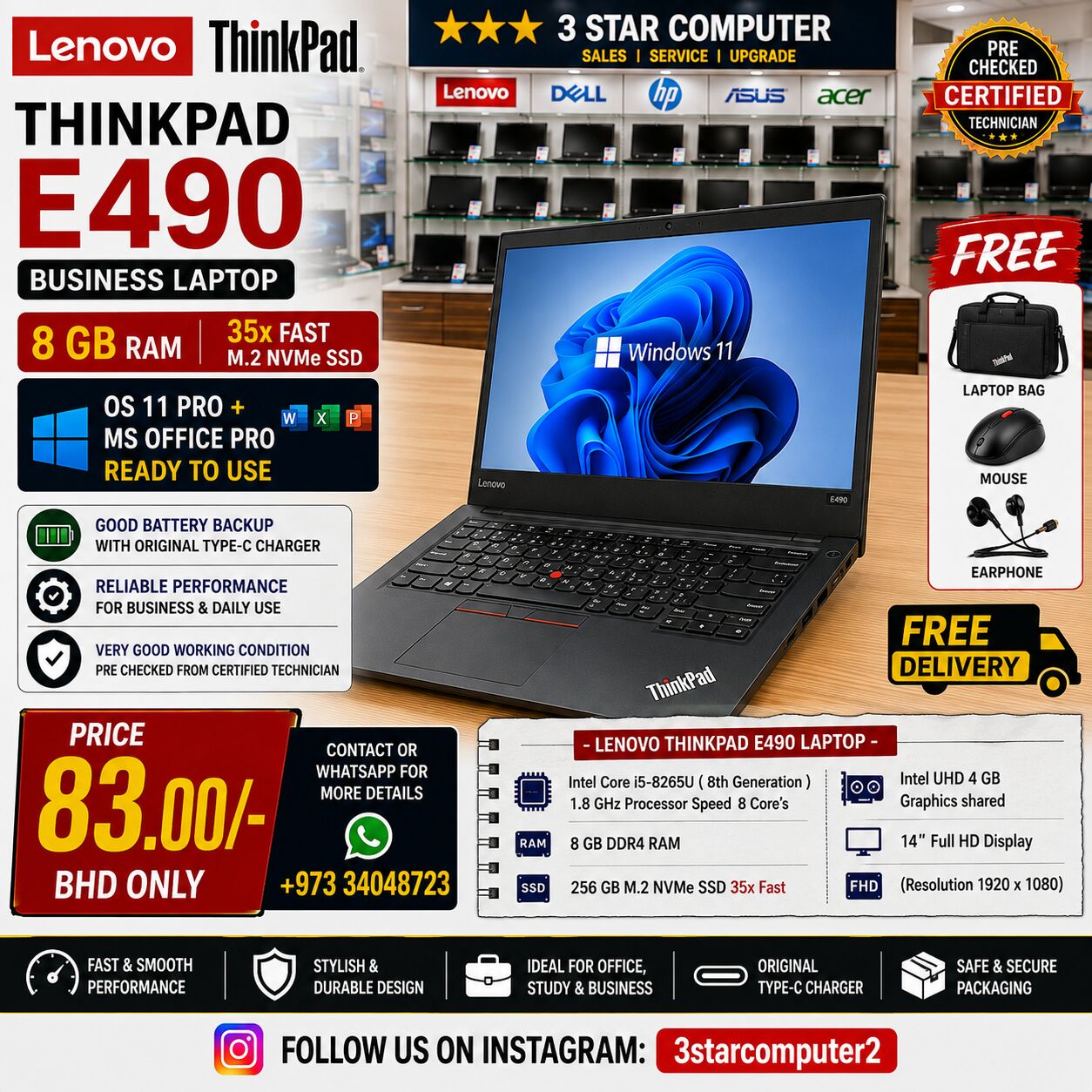Manama, Tablet Computers, BHD 83,  Thinkpad Core I5 8th Gen Laptop 8GB RAM 35x Fast M.2 Win 11 & MS Office Ready Free GIFTS
