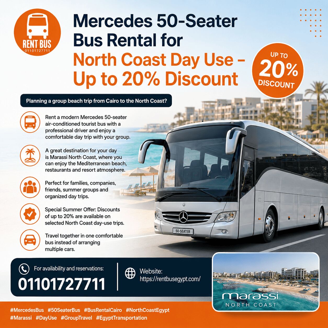 Heliopolis, Automotive, Mercedes 50-Seater Bus Rental For North Coast Day Use &ndash; Enjoy Sidi Abdel Rahman Beach With