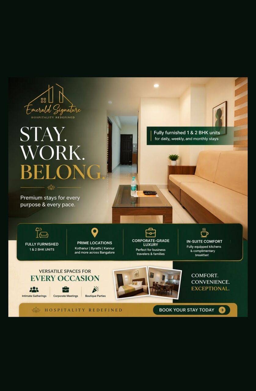 Bangalore, Rooms for Rent, INR 2000/day,  Furnished,  6500 Sq. Feet,  Emerald Signature Rooms & Serviced Apartment