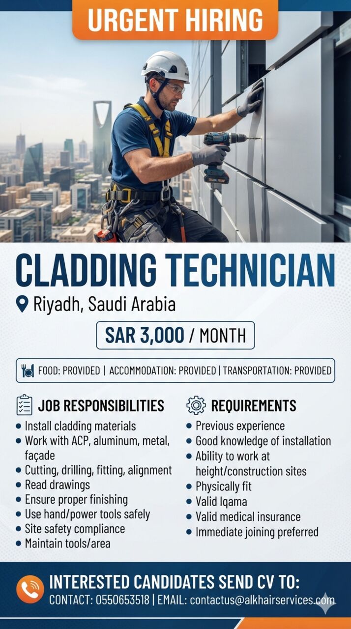 Riyadh, Jobs, URGENT HIRING &ndash; CLADDING TECHNICIAN