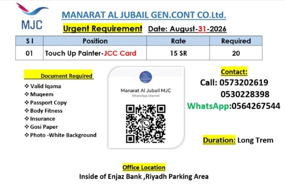 Jubail, Jobs, Touch Up Painter With JCC CARD